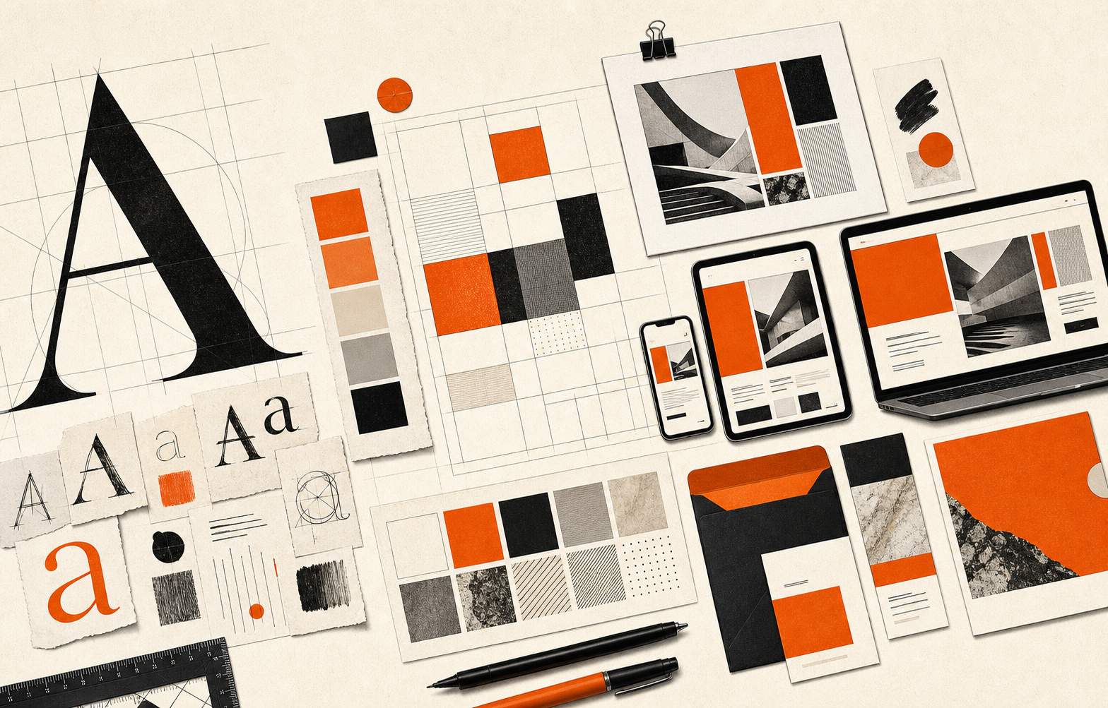 Line illustration showing scattered brand fragments becoming a design system and responsive interface