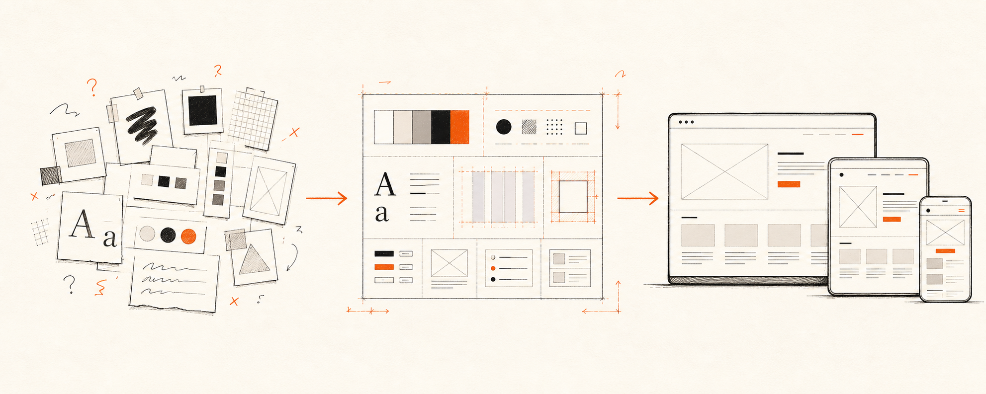Line illustration showing identity decisions becoming a shared design system