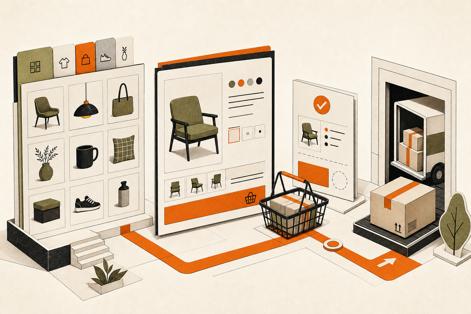 Line illustration showing a product catalogue becoming an online shop and a fulfilled order