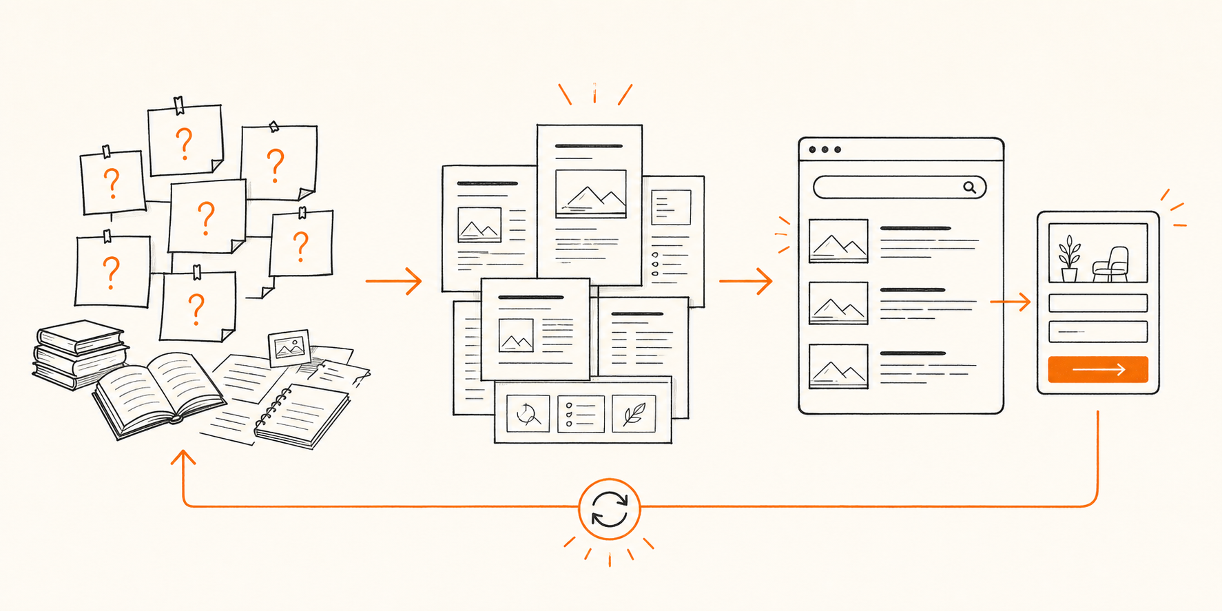 Line illustration showing questions becoming useful source-backed pages and measurable discovery