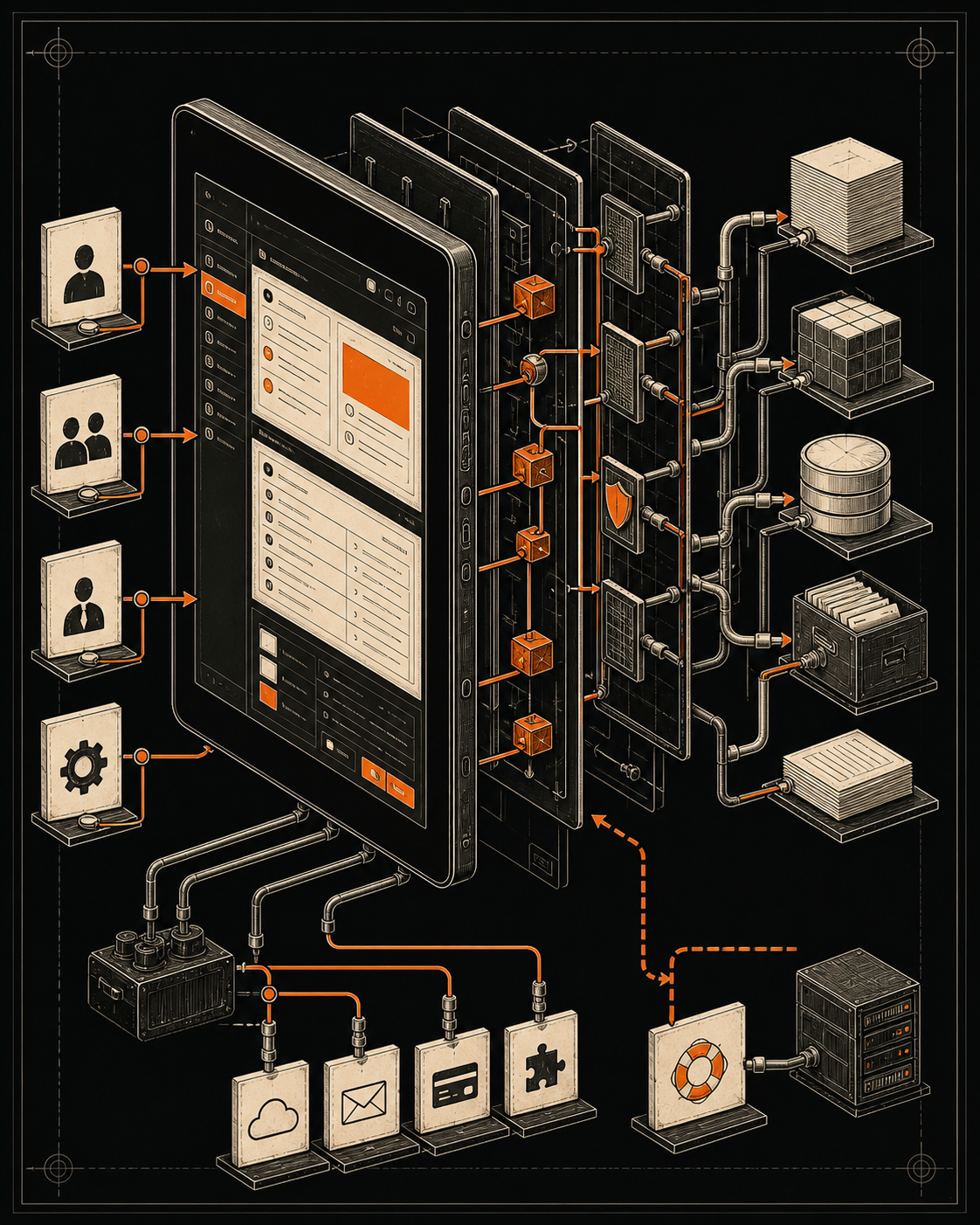 Line illustration showing a manual workflow becoming a structured data model and focused business application