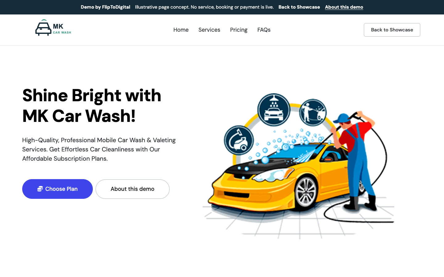 MK Car Wash demo with a service headline and a yellow car wash illustration.